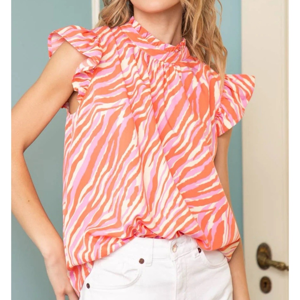 Zebra Print Ruffle Sleeve Blouse - Orange and Pink